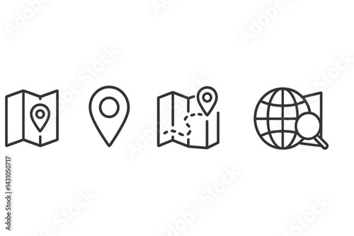 Vector icon set featuring map symbols and location markers for navigation and exploration designs