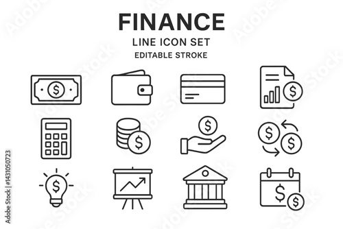 Collection of finance vector icons including money, wallet, charts, and calculator for economic themes and projects