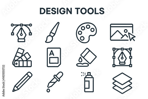 Vector icon set featuring various design tools essential for graphic artists and illustrators to enhance their creative projects effectively