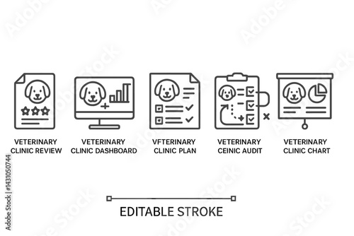Vector icon set showcasing various veterinary clinic management tools for efficient animal care and client interaction