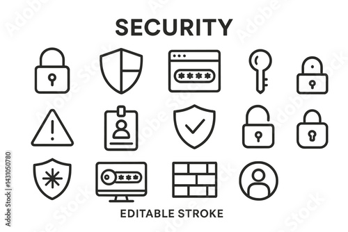 Vector icon set showcasing various security symbols and elements for digital and physical protection