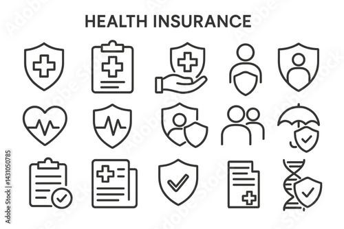 Collection of vector icons representing health insurance concepts and services in a simple and clear design