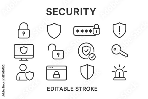 Vector icon set representing various aspects of security, including locks, shields, and alerts to emphasize digital safety and protection measures