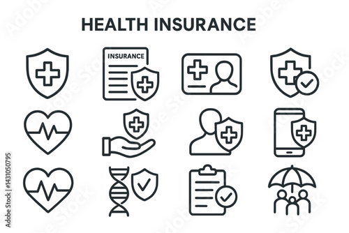 Vector icon set representing concepts related to health insurance, medical services, and wellness for easy understanding and communication
