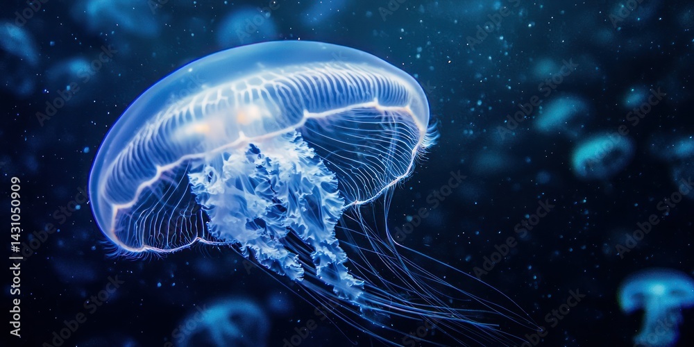 A close-up of a jellyfish pulsating gracefully in the deep sea, glowing softly in the darkness A close-up of a jellyfish pulsating gracefully in the deep sea, glowing softly in the darkness