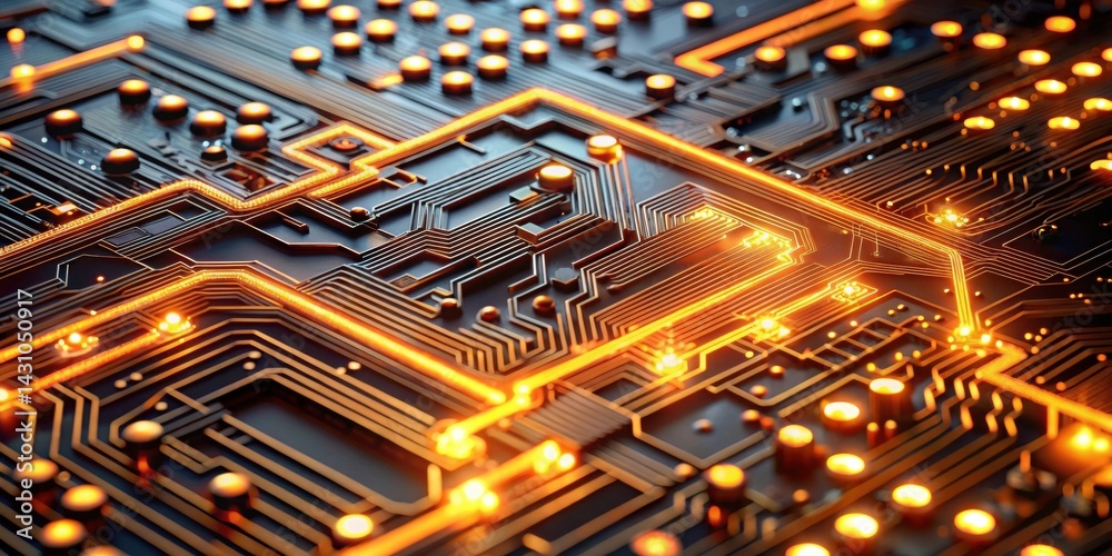 Fototapeta premium Illuminated Circuitry A Detailed Macro View of Complex Electronic Pathways and Components Glowing with Warm Light
