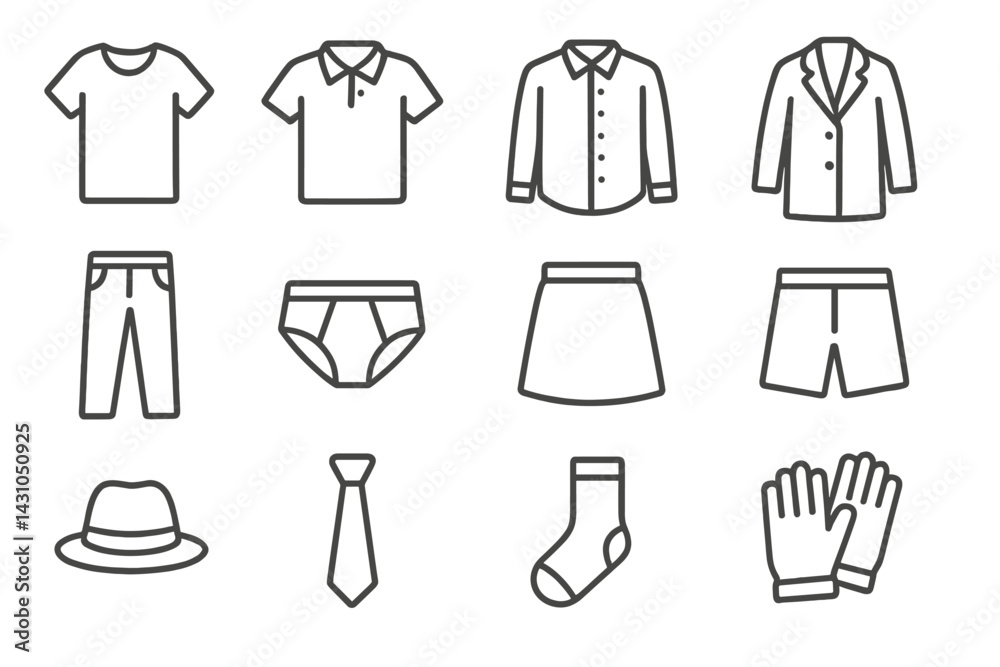 Stylized vector icon set depicting various clothing items for diverse fashion choices and occasions Stylized vector icon set depicting various clothing items for diverse fashion choices and occasions