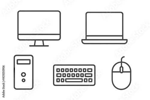Vector icon set showcasing various computer devices including desktop monitor, laptop, keyboard, and mouse