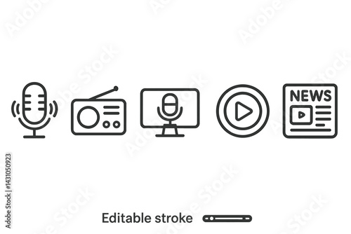 Vector icon set featuring microphone, radio, monitor, play button, and news article design elements for digital communication