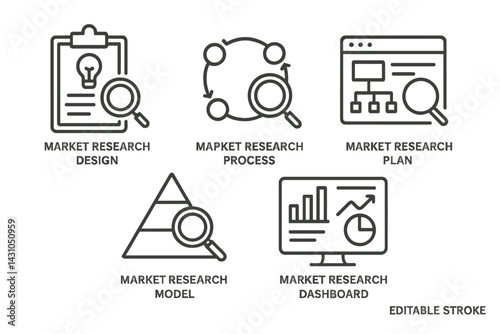 Vector icon set depicting various elements of market research processes and tools with clear line art design for easy understanding