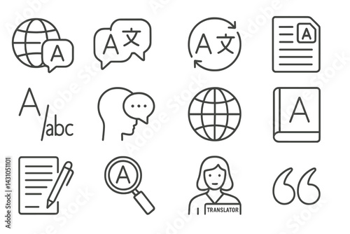 Vector icon set depicting translation, language learning, and communication in diverse contexts and formats