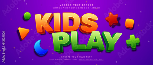 KIDS PLAY text effect with colorful shapes on purple