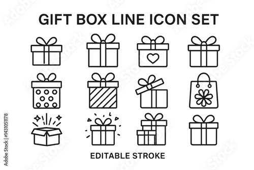 Diverse vector gift box icon set featuring various designs, styles, and decorations for celebration and gifting purposes