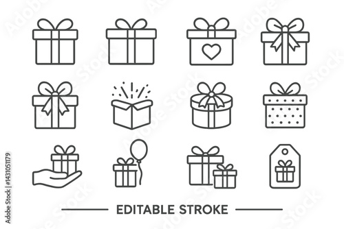 Vector icon set featuring various gift box designs with ribbons, hearts, and balloons for festive celebrations