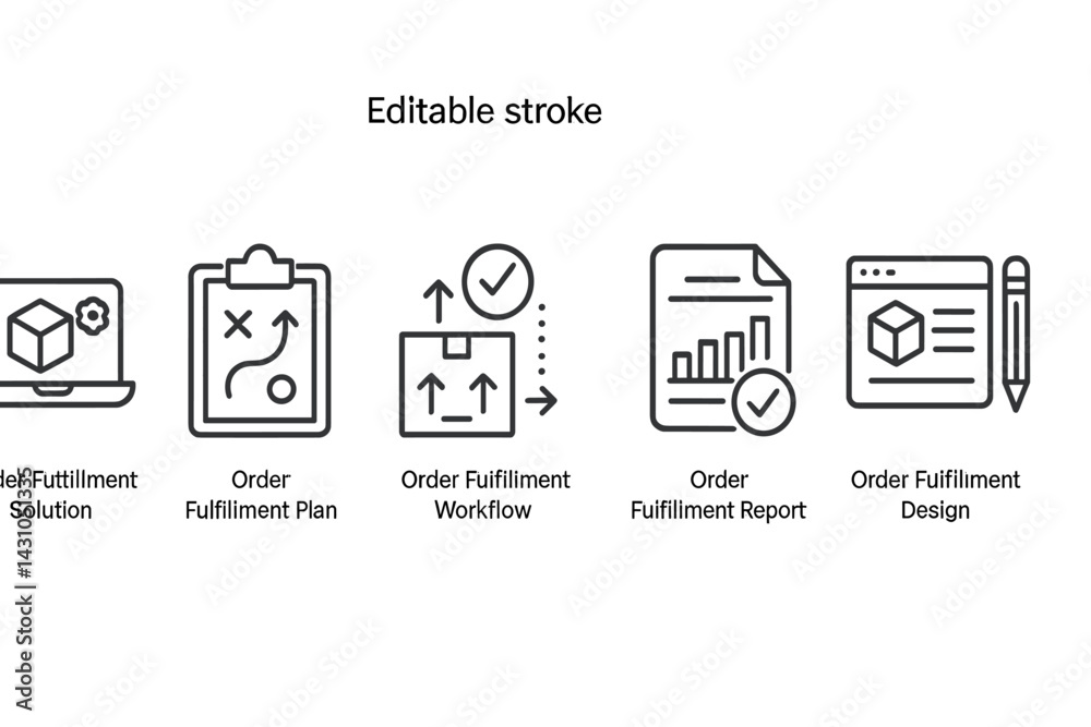Vector icon set illustrating various aspects of order fulfillment processes for efficient workflow management Vector icon set illustrating various aspects of order fulfillment processes for efficient workflow management