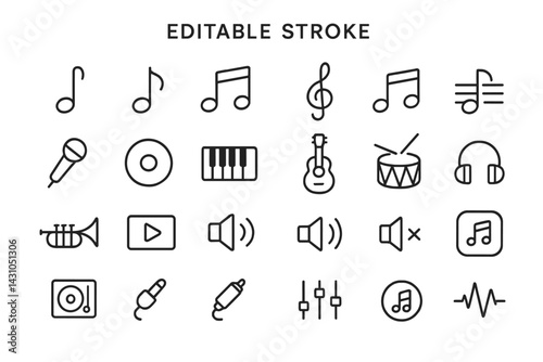 Vector icon set featuring musical symbols and instruments for creative projects and applications