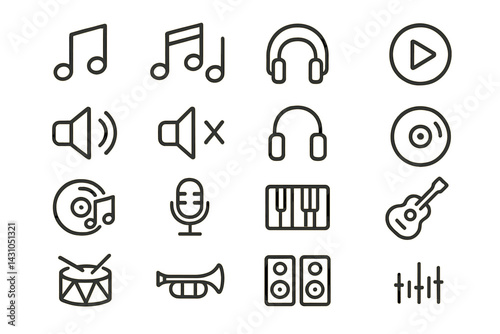 Vector icon set featuring music symbols and instruments for creative projects