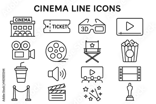 Vector icon set showcasing various elements of cinema and film production for creative projects and design needs