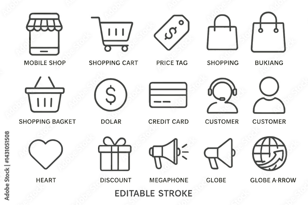 Vector icon set depicting shopping themes including carts, bags, discounts, and payments Vector icon set depicting shopping themes including carts, bags, discounts, and payments