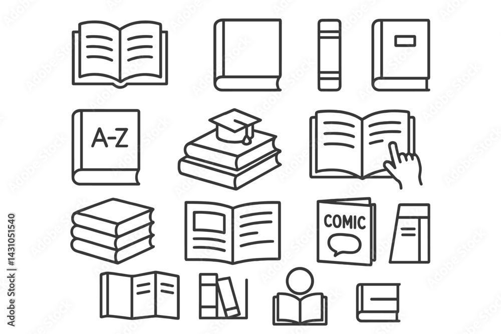 Collection of vector icons representing books, reading, and education in a minimalistic style Collection of vector icons representing books, reading, and education in a minimalistic style