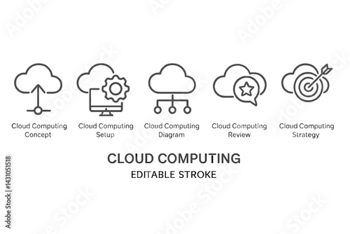 Vector icon set showcasing various aspects of cloud computing concepts and strategies for modern technology applications