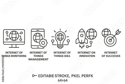 Vector icon set representing concepts of internet technology and innovation for various applications