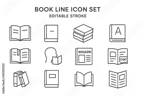 Varied book line icons representing different literary formats suitable for educational and decorative purposes in digital design