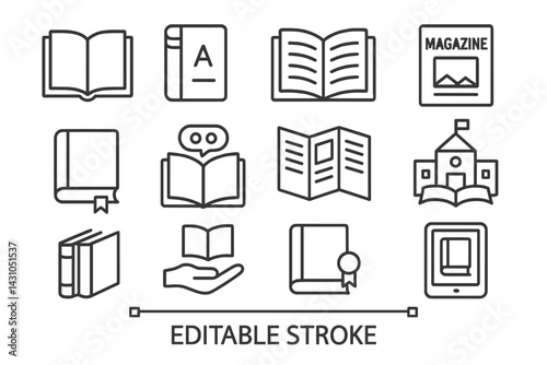 Vector icon set showcasing various reading and learning resources including books, magazines, and educational tools