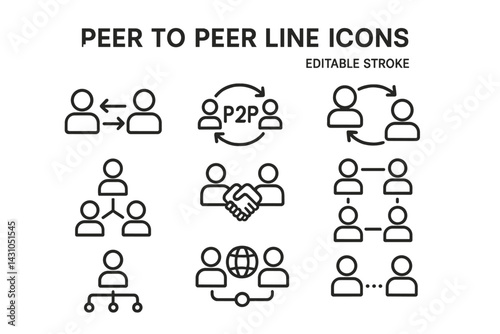 Peer to peer line icons vector set featuring editable stroke design elements for digital communication and networking