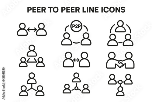 Vector icon set showcasing peer-to-peer interactions including connections, collaborations, and exchanges in a modern digital context
