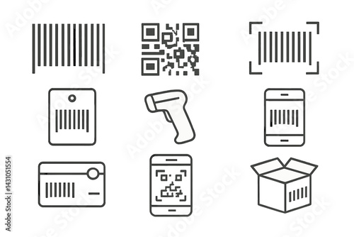 Vector icon set featuring barcodes, QR codes, and scanning tools for digital inventory management systems