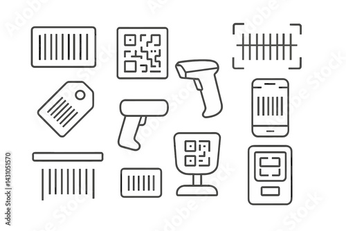 Vector icon set depicting barcode scanning elements for various applications in retail and inventory management