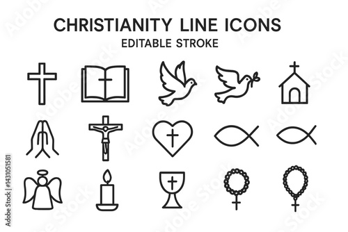 Christianity line icons vector set for religious themes and design projects featuring essential symbols and imagery