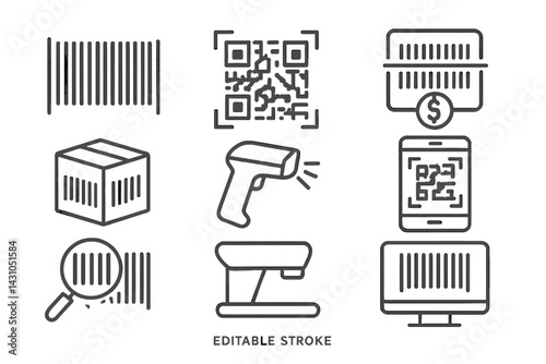 Vector icon set featuring barcode, QR code, packaging, scanner, mobile interface, and computer elements used in inventory management