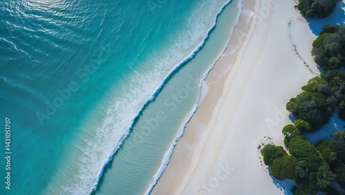 Aerial View of Turquoise Ocean Waves Crashing on Pristine White Sandy Beach