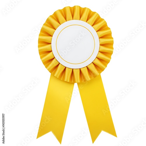 Yellow award ribbon with rosette and tails isolated on white background