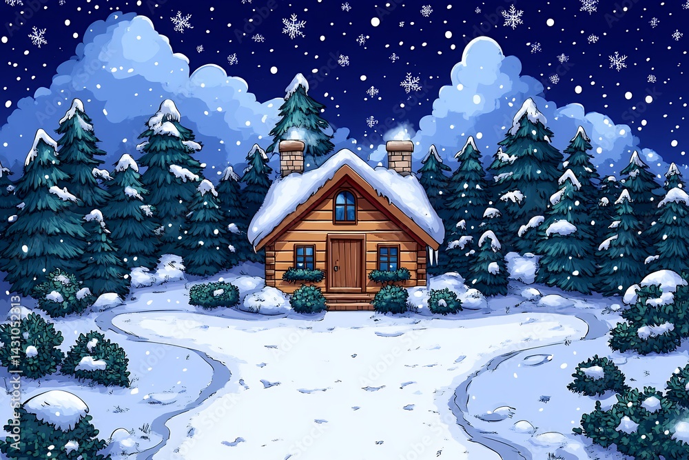 Naklejka premium A cozy wooden cabin covered in snow, surrounded by pine trees under a starry night sky.