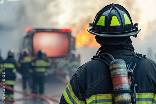 Obraz na płótnie Firefighters respond to major blaze with urgency and teamwork in a city setting w salonie