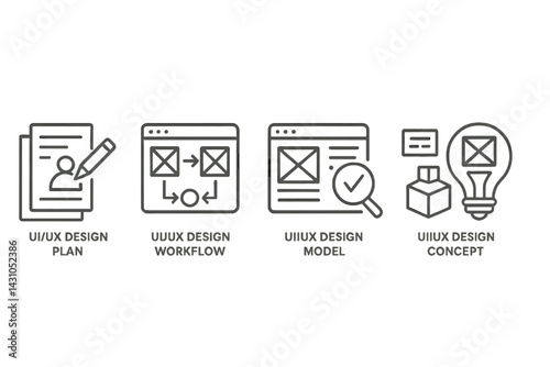 Vector icon set depicting various stages of UI/UX design process including planning, workflow, modeling, and concept ideation
