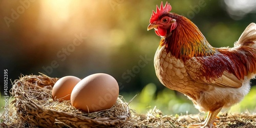 Organic chicken rooster on a picturesque countryside farm setting.