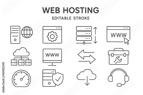 Web hosting vector icon set showcasing various aspects of online server management and connectivity solutions