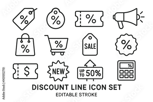 Discount line icon set featuring various sale elements for marketing and promotion