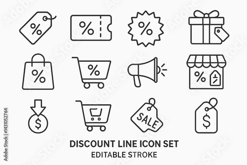 Vector icon set showcasing discount symbols and shopping elements for promotional designs