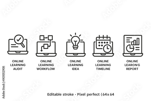 Vector icon set representing online learning concepts such as audit, workflow, idea, timeline, and report for educational platforms