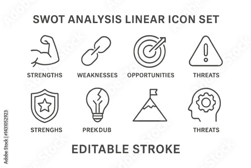 Vector icon set illustrating SWOT analysis with strengths, weaknesses, opportunities, and threats represented