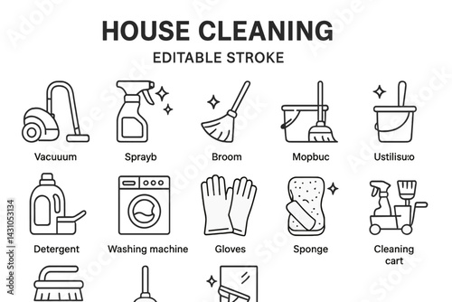 Vector icon set featuring essential tools and activities involved in house cleaning tasks