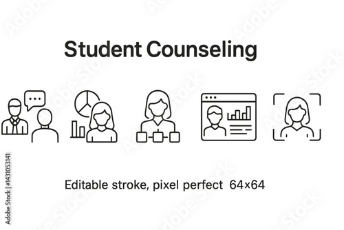 Vector icon set focusing on student counseling activities, depicting various aspects of student support and guidance