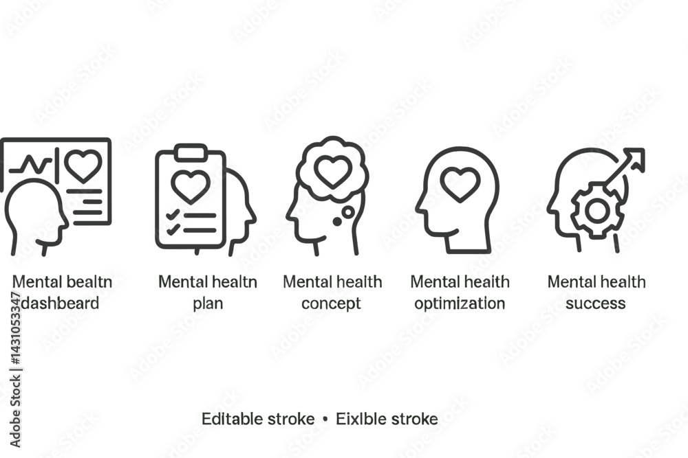 Vector icon set depicting mental health concepts and planning for personal well-being and success Vector icon set depicting mental health concepts and planning for personal well-being and success