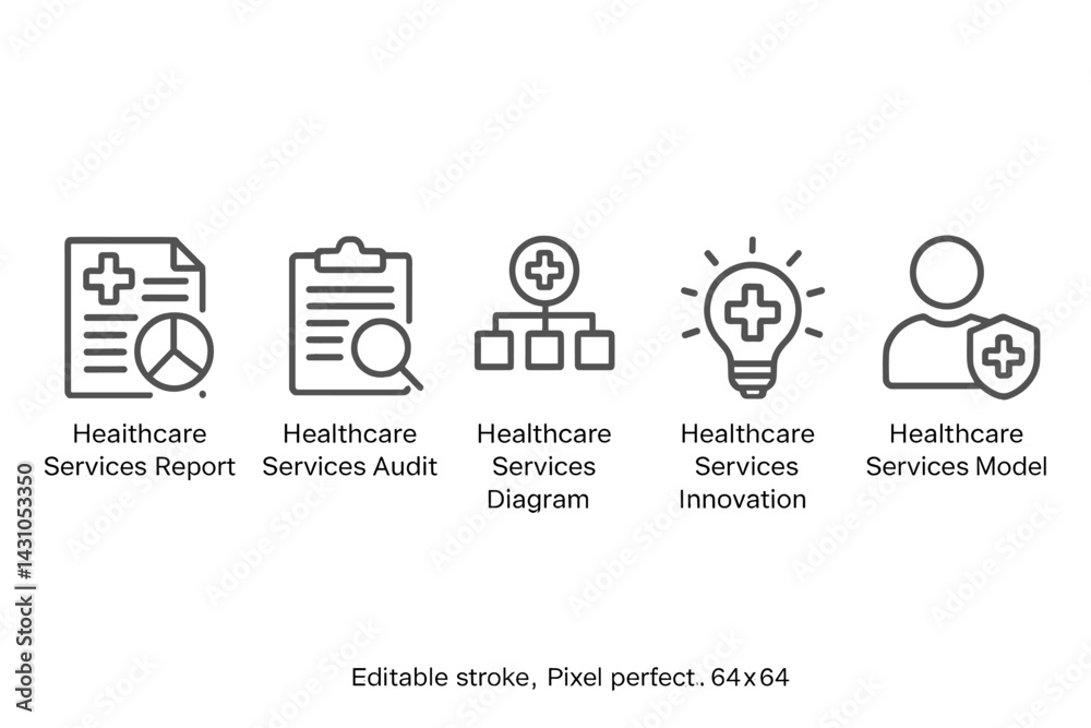Naklejka premium Healthcare services vector icon set for reporting, auditing, diagramming, innovating, and modeling healthcare solutions