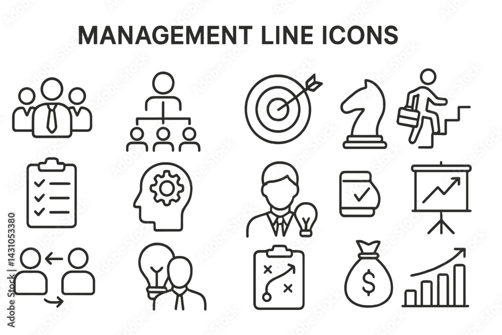 Fototapeta premium Vector icon set featuring management themes including teamwork, strategy, and performance metrics in a clean design